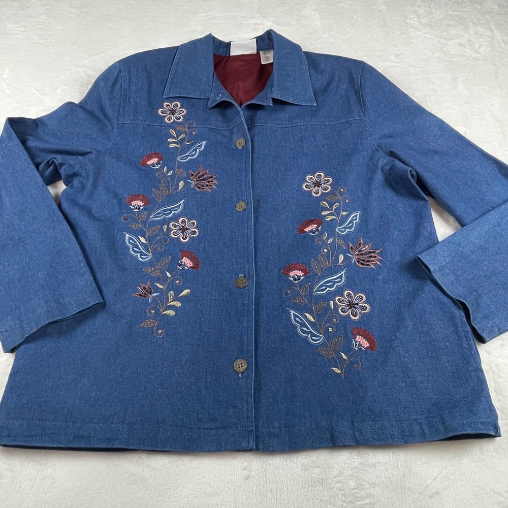 Alfred Dunner Blue Embroidered Floral Beaded Denim Jacket Women Size 14 Cotton